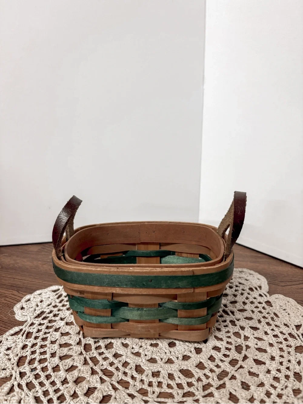 Vintage Green and Brown Woven Storage Basket with Leather Handles